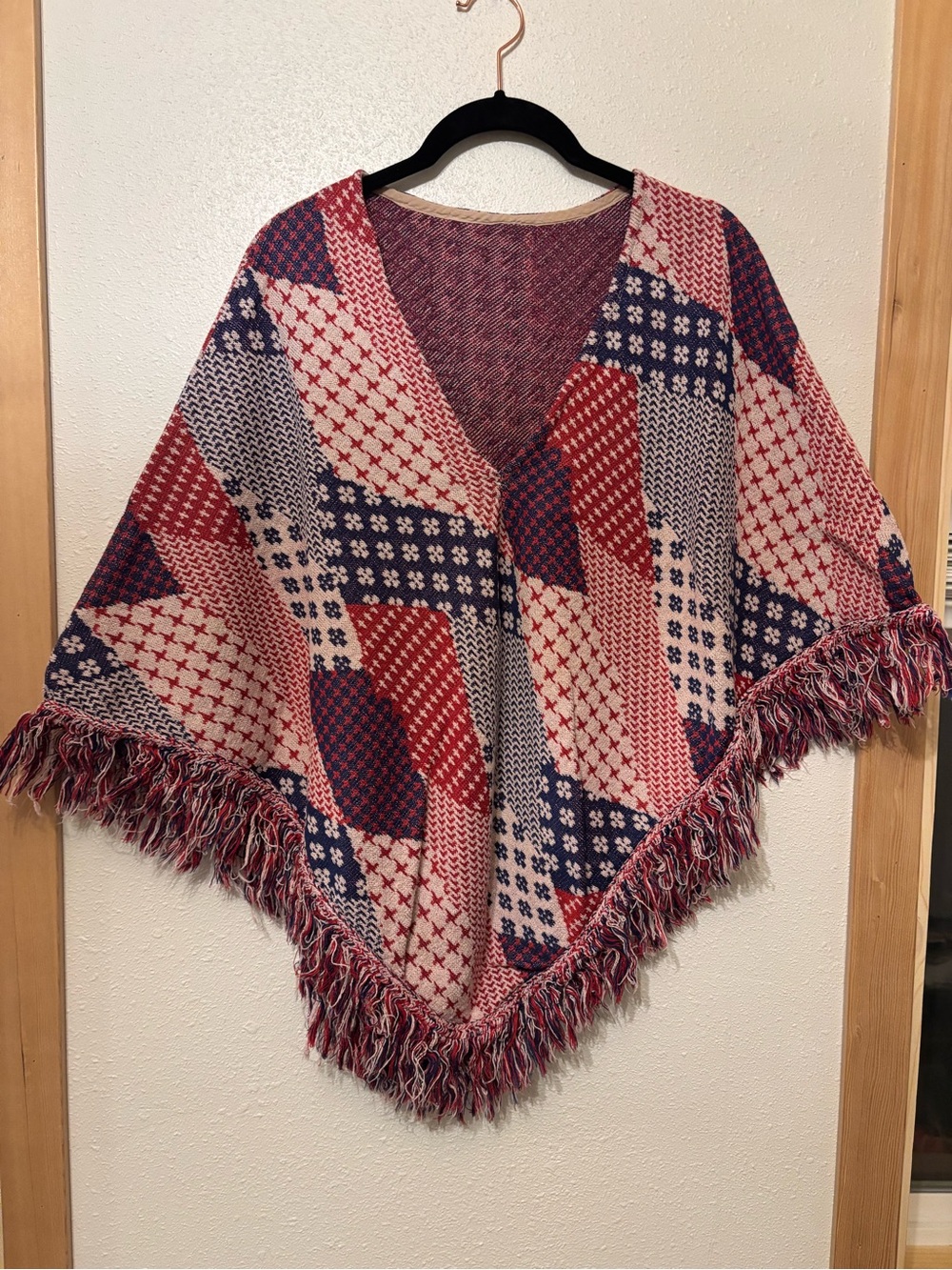 Patchwork Fringe Poncho in Red, Navy & Cream